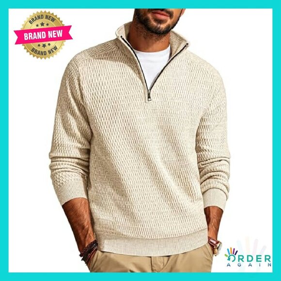 Quarter Zip Pullover Slim Fit Knit Textured Mock Neck Casual Elegant Classic - Picture 2 of 8